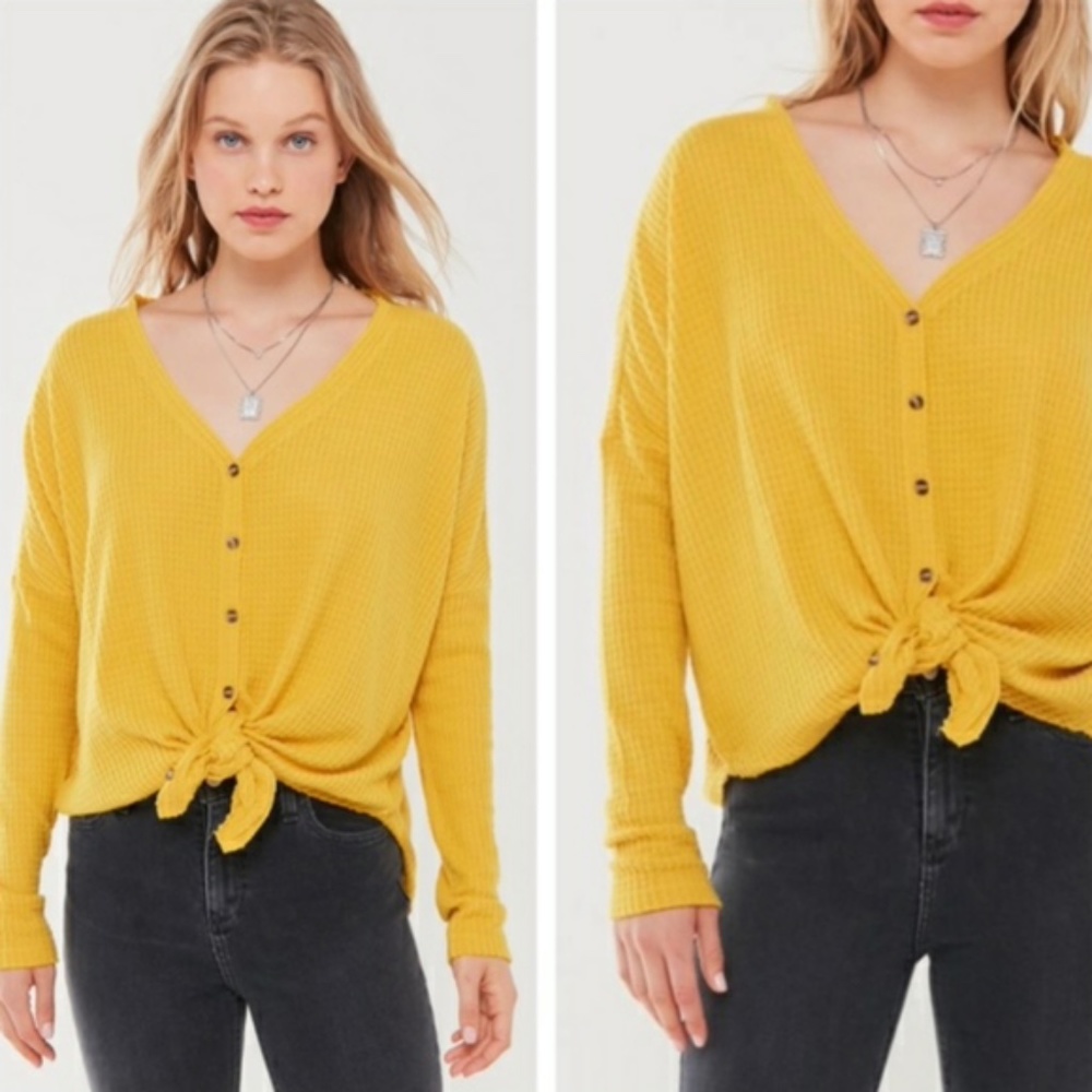 UO Out From Under Jojo Waffle Knit Yellow Thermal
